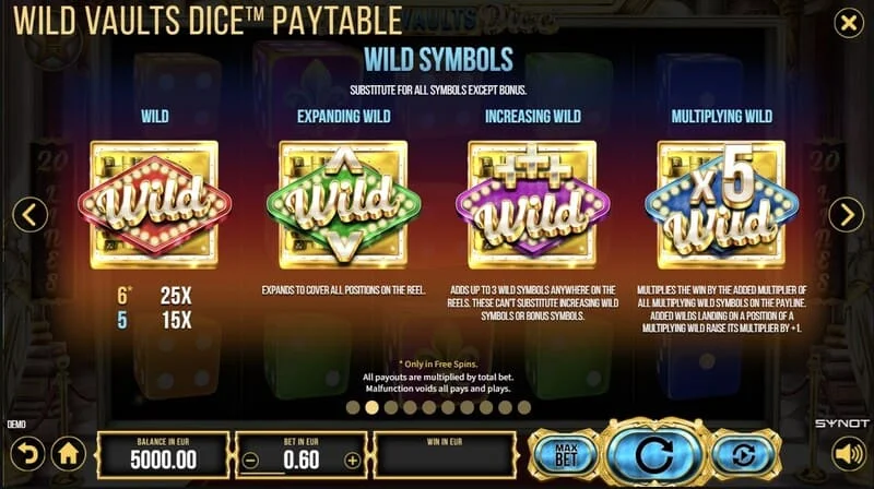 Wild Vaults Dice - attivazione dei Free Spins con tre simboli Vault